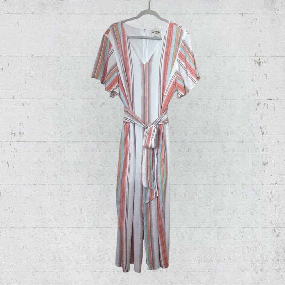 Savanna Jane Striped Cabana Belted Lined Jumpsuit Flutter Sleeve Size 2X